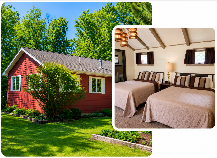 Woodland Motor Lodge cabin and guest room